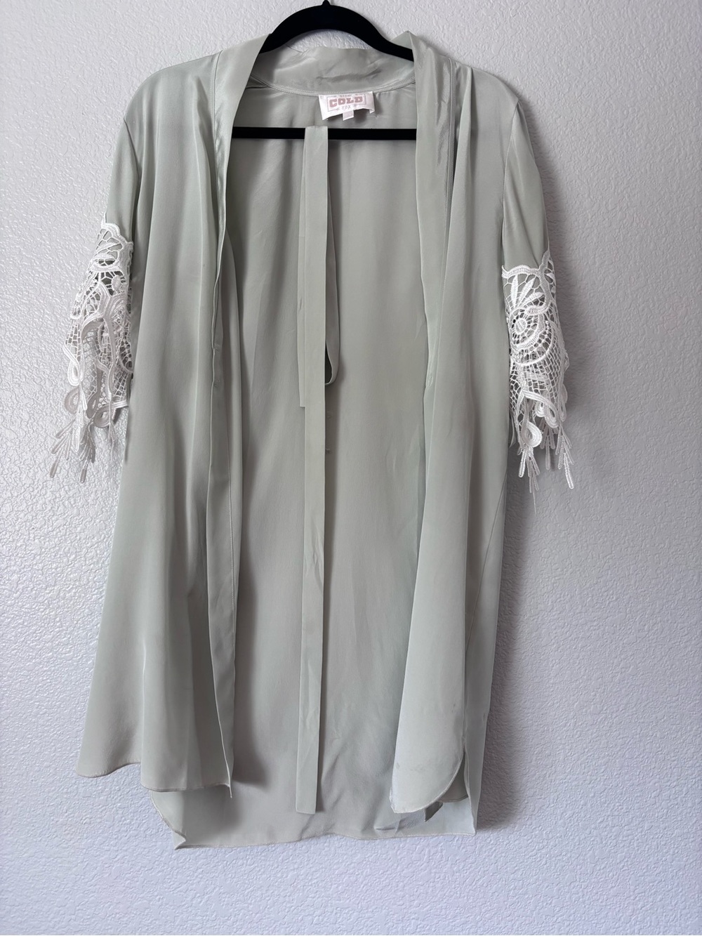 Stone Cold Fox Robe, Light Sage Open Front Kimono Style with Lace Trim Sleeves